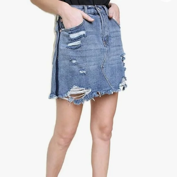 Umgee Distressed Denim Skirt Sz Large - Picture 1 of 6